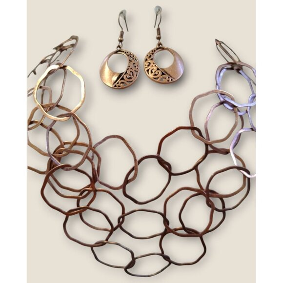 Premier Copper Necklace & Earrings Set Hammered Design 18" Adjustable Chain Eleg - Picture 3 of 5